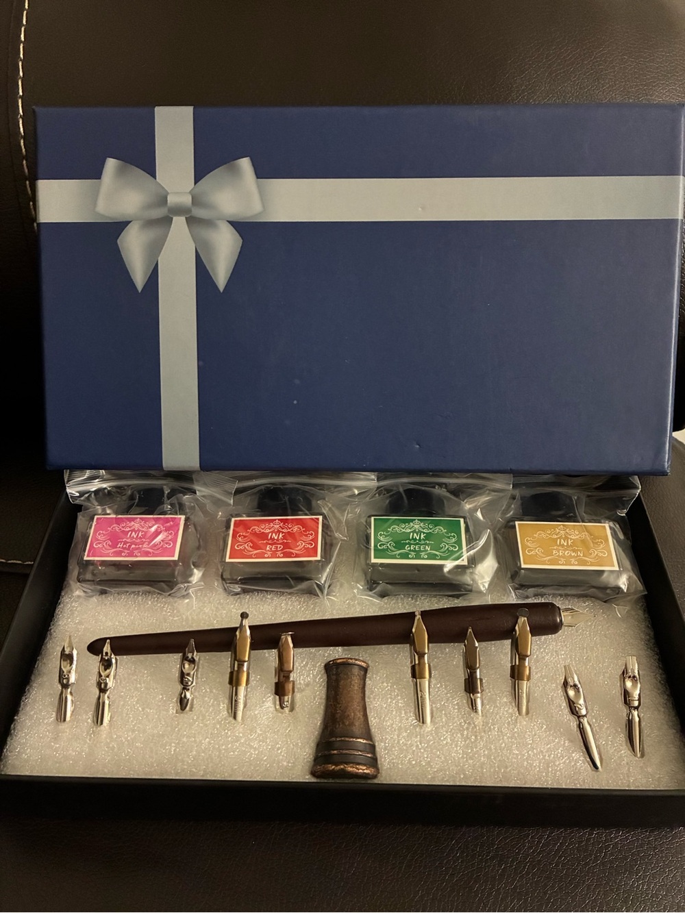 Dip Calligraphy Set with Brown Wooden Holder and Four Ink Colors